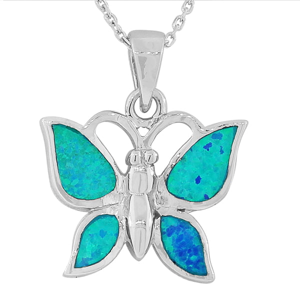Lab Created Blue Opal Butterfly .925 Sterling Silver Pendant 